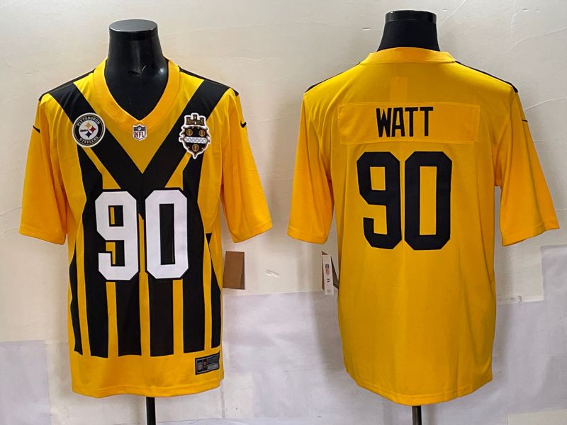 Men 2025 Pittsburgh Steelers #90 Watt Yellow Retro Nike Limited NFL Jersey style 04